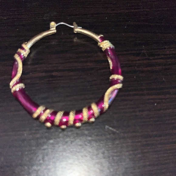 Purple Enamel Hoops 2 inches big Gold Plated- gorgeous - Picture 3 of 4